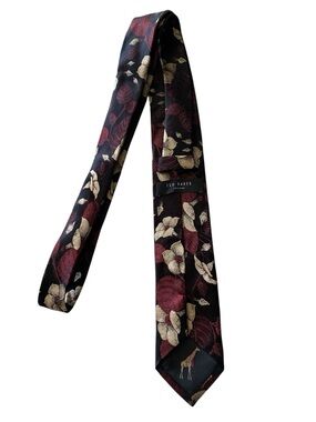 Ted Baker London Men’s Black Neck Tie with Burgundy and Cream Floral Motif